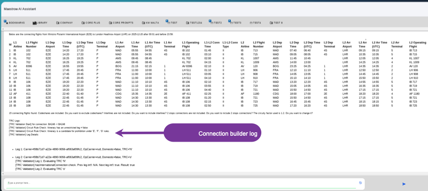 Connection builder log output