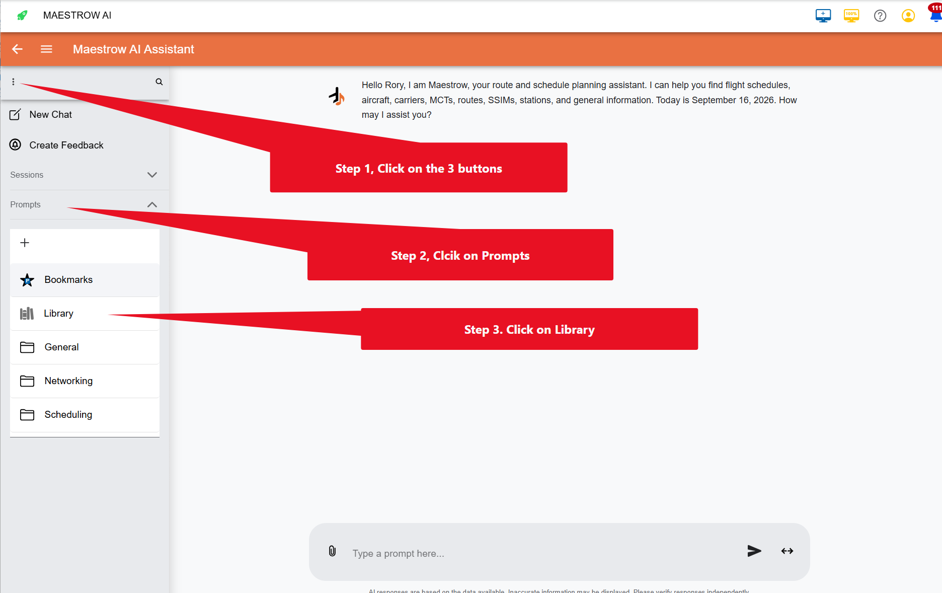 Navigating to the Library: open the menu, click Prompts, then click Library