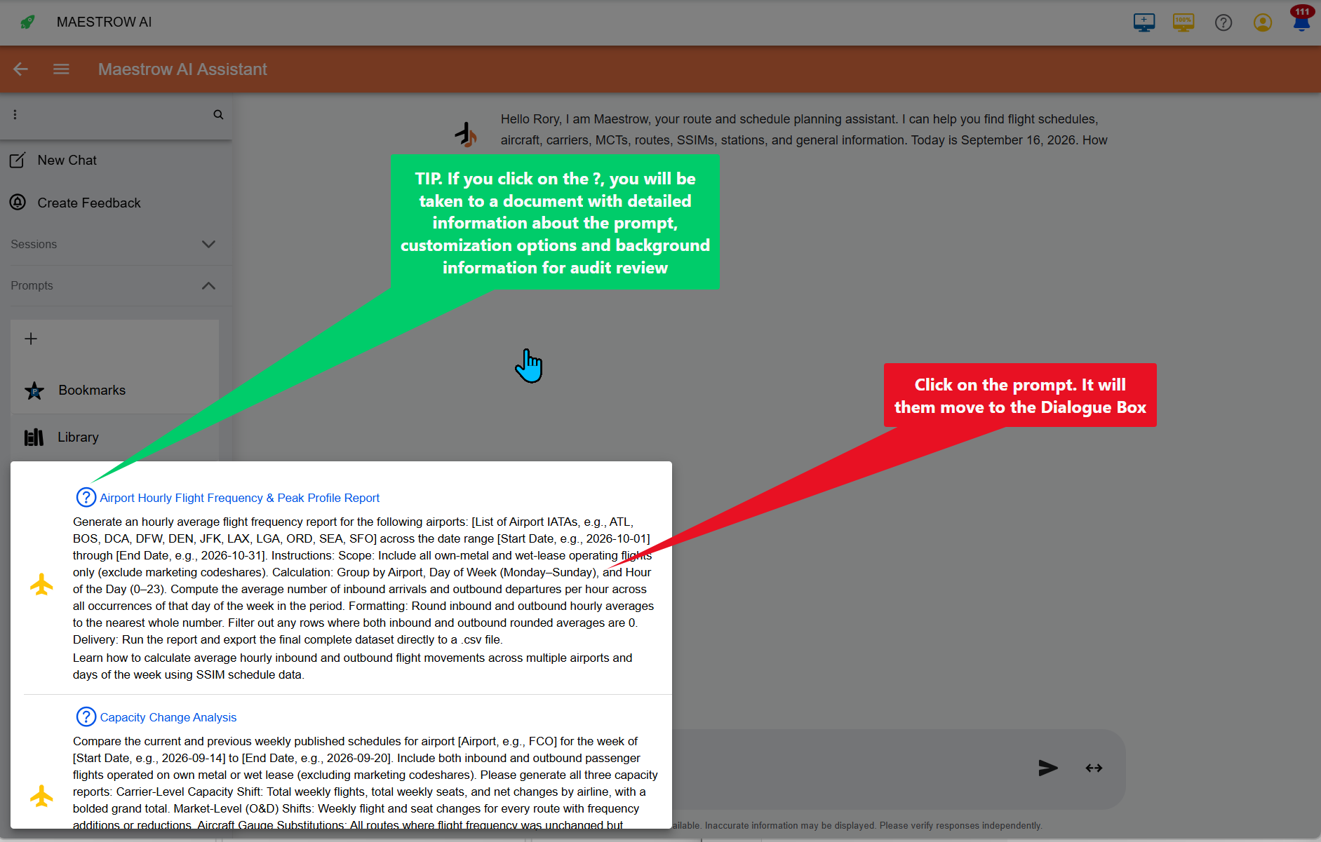 Click a prompt to move it to the dialog box, or click the ? icon for detailed documentation