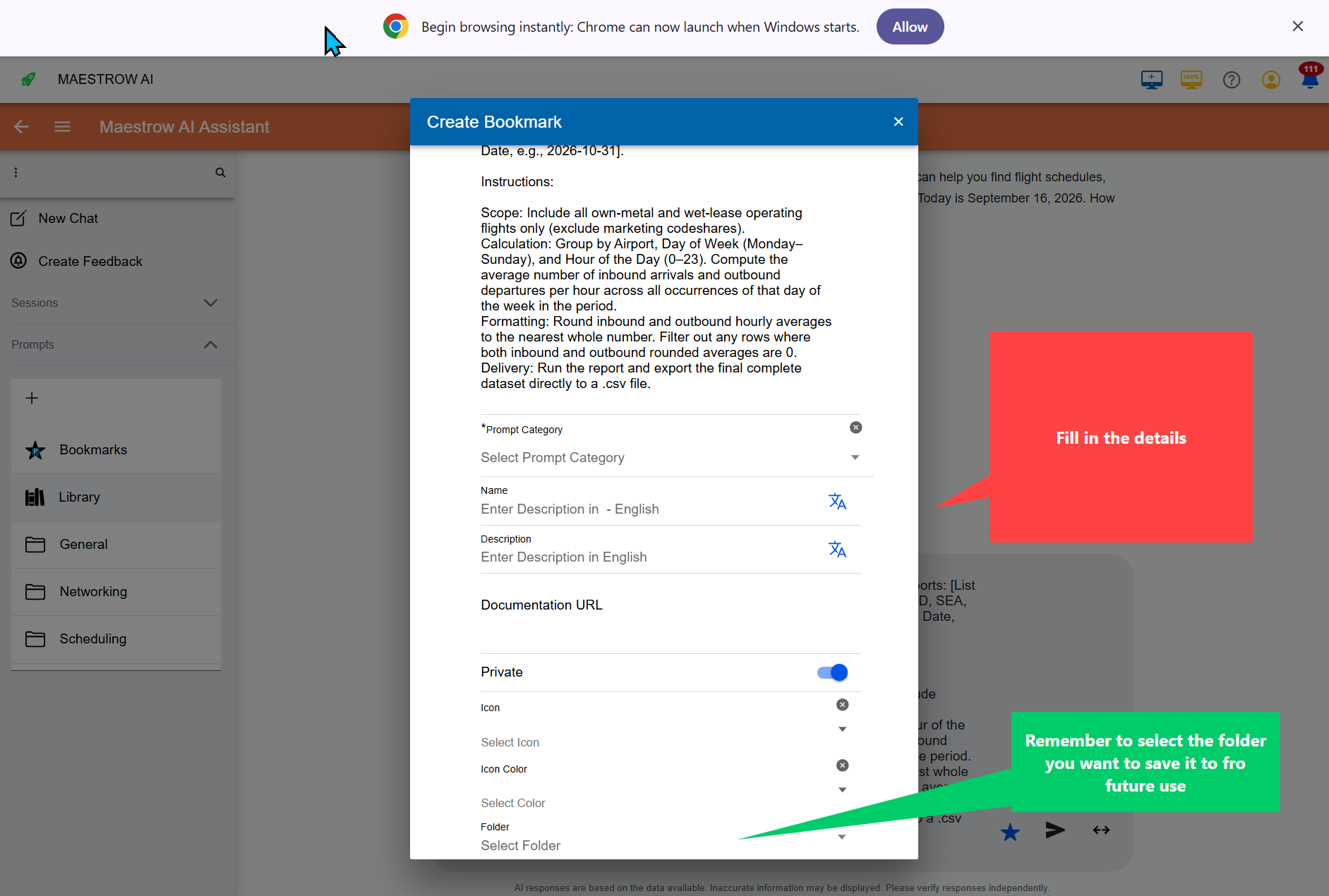 The Create Bookmark form: fill in the category, name, description, visibility, and folder