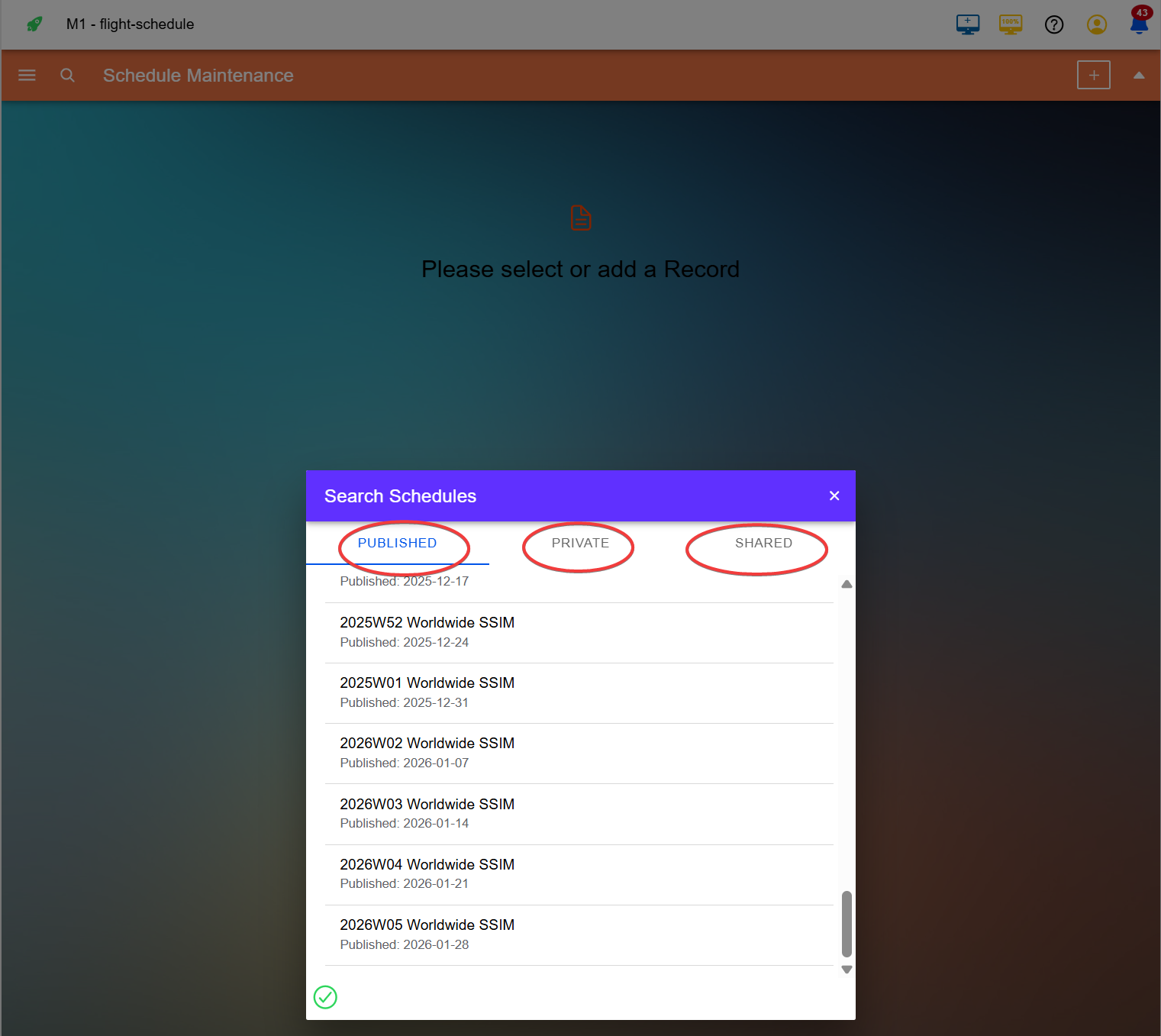 Schedule sections: Public, Private, Shared
